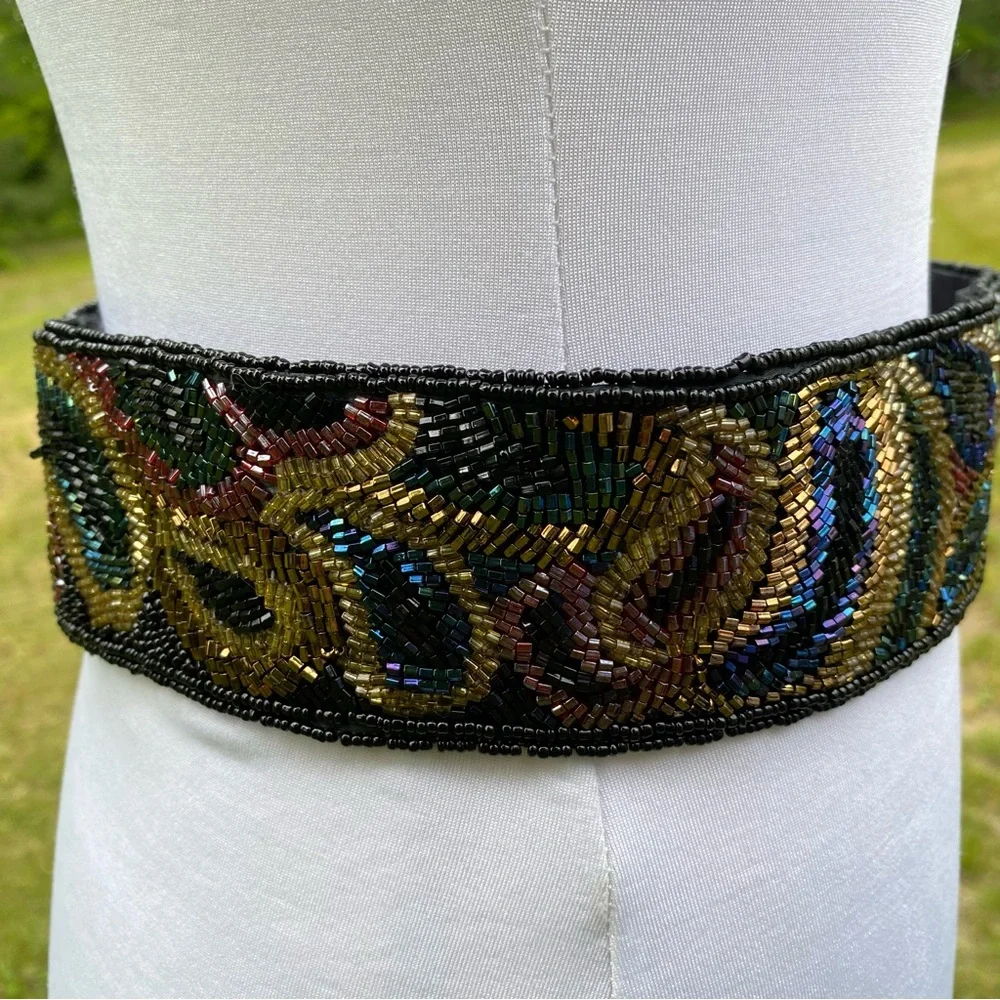 LA REGALE LTD BELT WIDE BLACK SATIN BEADED MULTI COLOR PEACOCK COLOR SIZE M